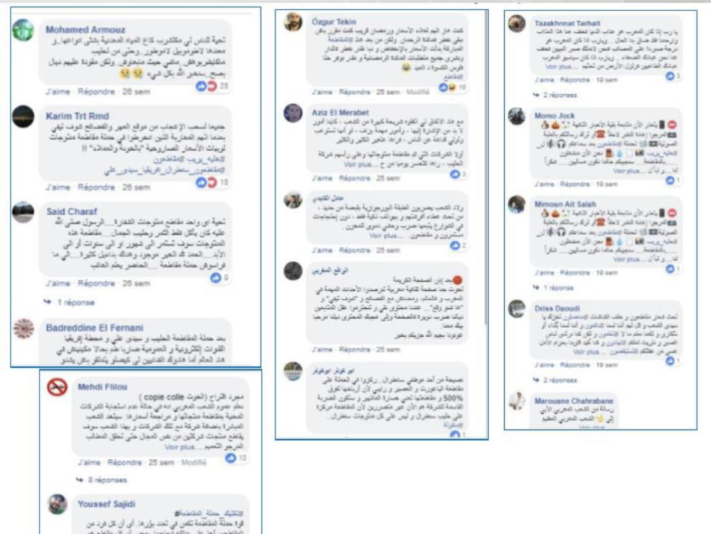 Commentaires créés par des "bots" sur Facebook lors du boycott au Maroc en 2018