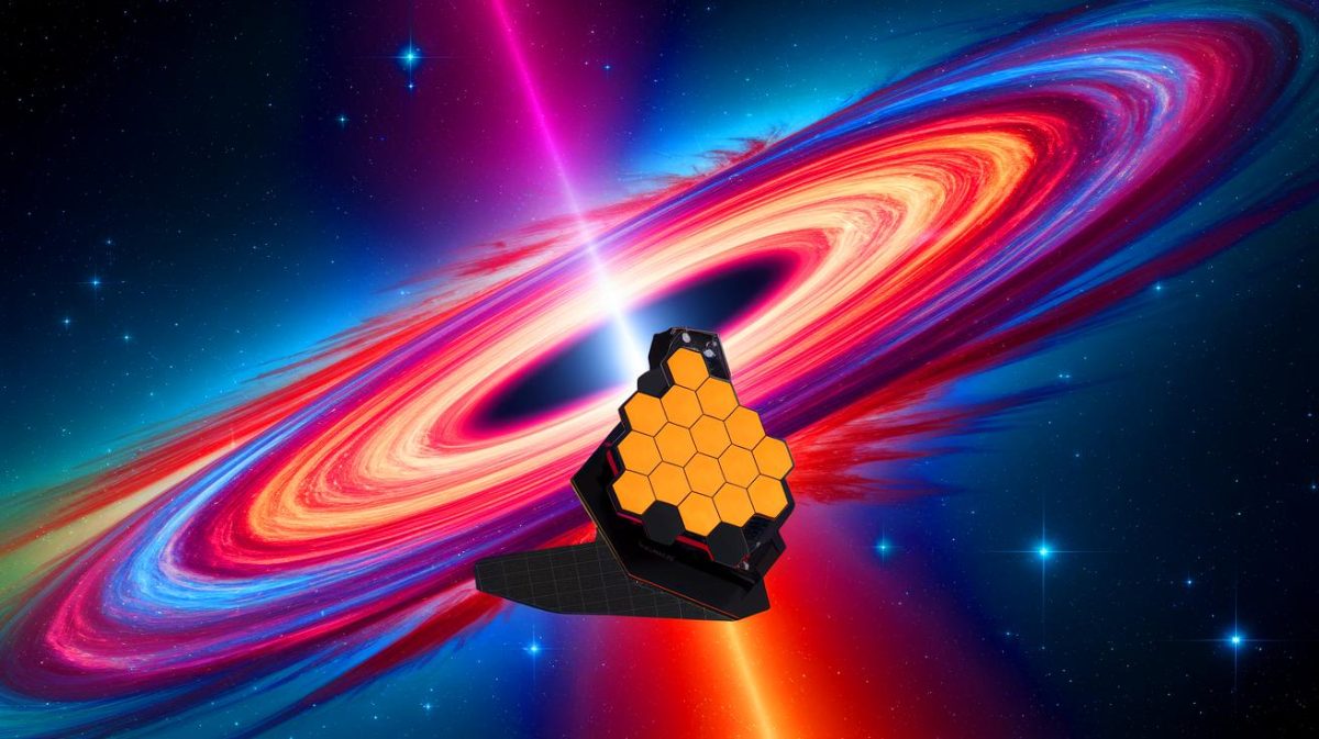 Illustration of the James Webb Space Telescope observing the supermassive black hole Sagittarius A* at our galaxy's center (AI-generated, non-realistic illustration). Credit: Ideogram.