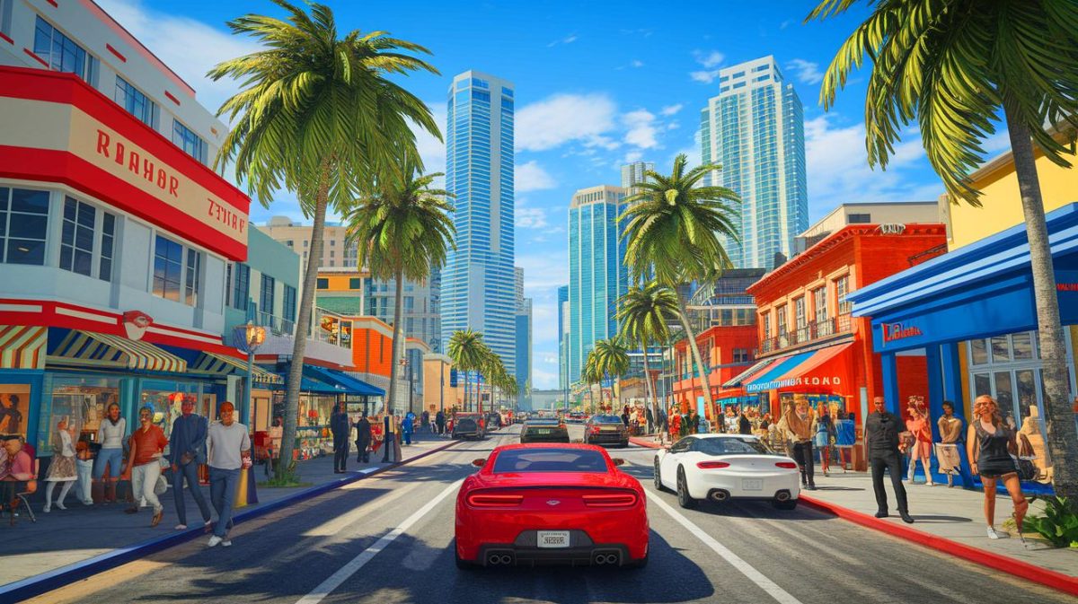 Illustration of the vibrant, human-like city in Grand Theft Auto VI's open world (AI-generated, non-realistic illustration). Credit: Ideogram.
