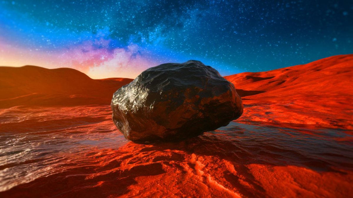 Illustration of a black meteorite fragment from Mars with evidence of ancient water presence (AI-generated, non-realistic illustration). Credit: Ideogram.