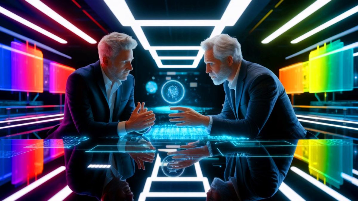 Illustration of Sam Altman and Jony Ive collaborating on an AI-dedicated device (AI-generated, non-realistic illustration). Credit: Ideogram.