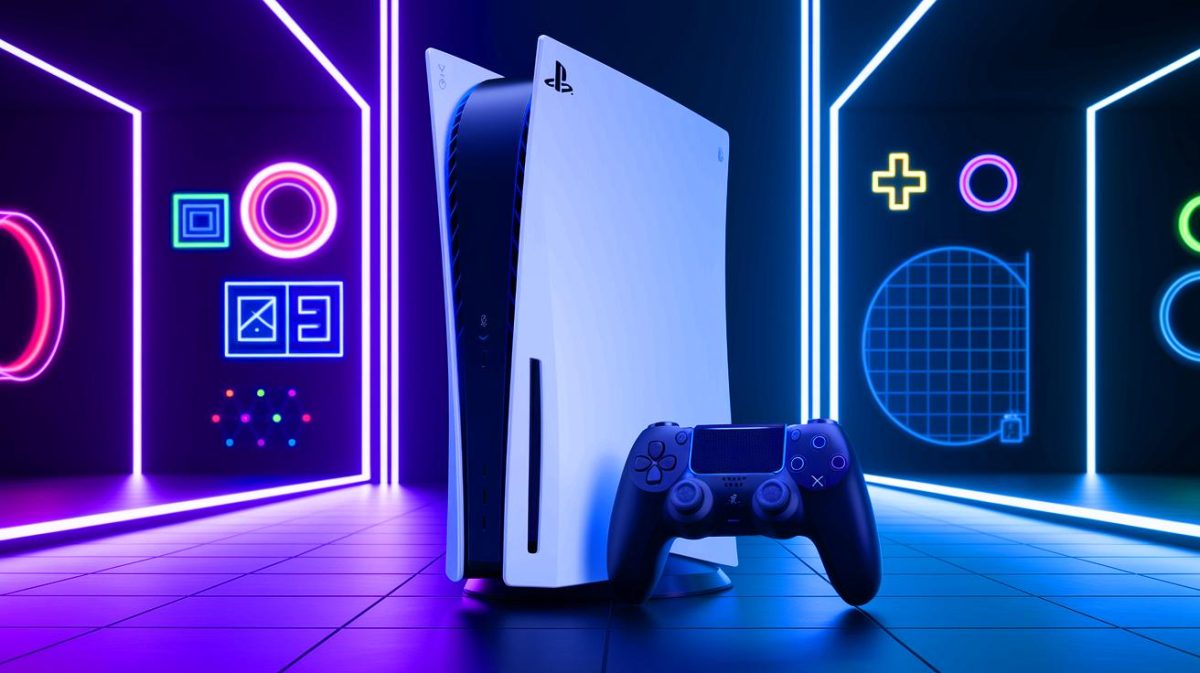 Illustration of Sony's potential PlayStation 6 design featuring a built-in disc drive (AI-generated, non-realistic illustration). Credit: Ideogram.