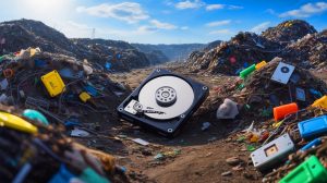 Illustration of a lost hard drive containing 8,000 Bitcoins buried in a landfill. Image generated by AI.