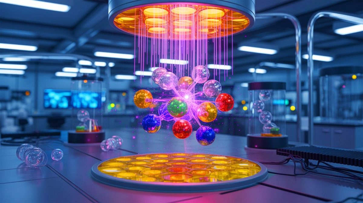 Illustration of quantum simulation of chemical dynamics at the University of Sydney. Image generated by AI.
