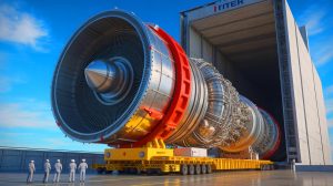 Illustration of China's delivery of a colossal component for the ITER fusion reactor project. Image generated by AI.