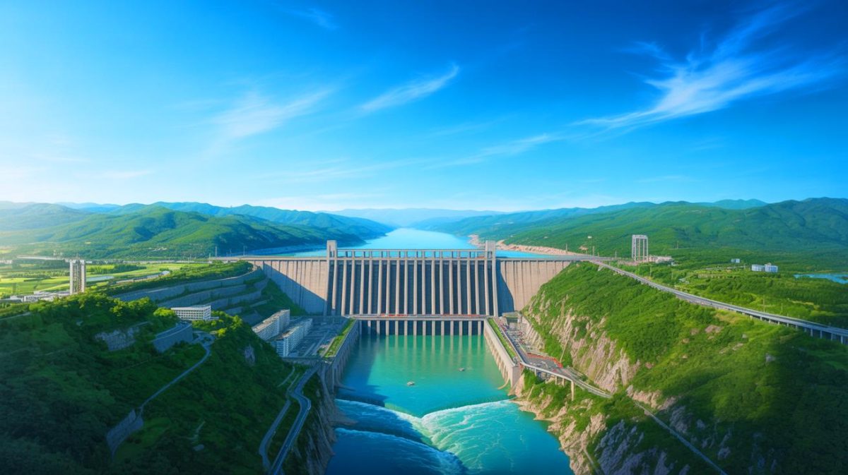 Illustration of the Three Gorges Dam in China and its potential impact on Earth's rotation (AI-generated, unrealistic). Credit: Ideogram.