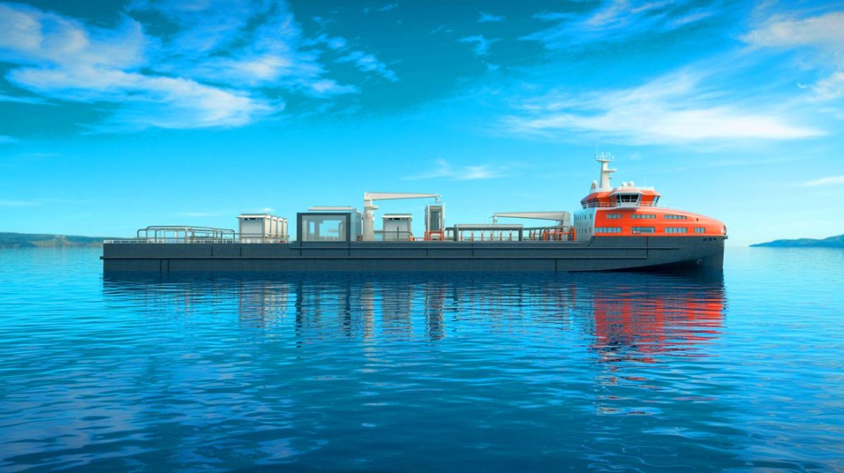 Illustration of the Su Hai No 1, the world's first dedicated salmon farming vessel. Image generated by AI.