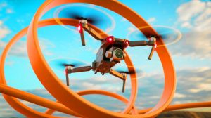 Illustration of a first-person-view drone performing complex aerobatic maneuvers. Image generated by AI.
