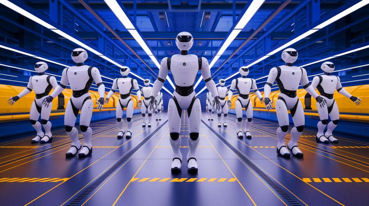 Illustration of UBTech's Walker S1 humanoid robots collaborating in a 5G smart factory (AI-generated, non-realistic illustration). Credit: Ideogram.