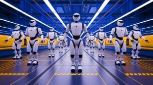 Illustration of UBTech's Walker S1 humanoid robots collaborating in a 5G smart factory (AI-generated, non-realistic illustration). Credit: Ideogram.