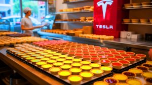 Illustration of a small California bakery caught in a business ordeal with Tesla. Image generated by AI.