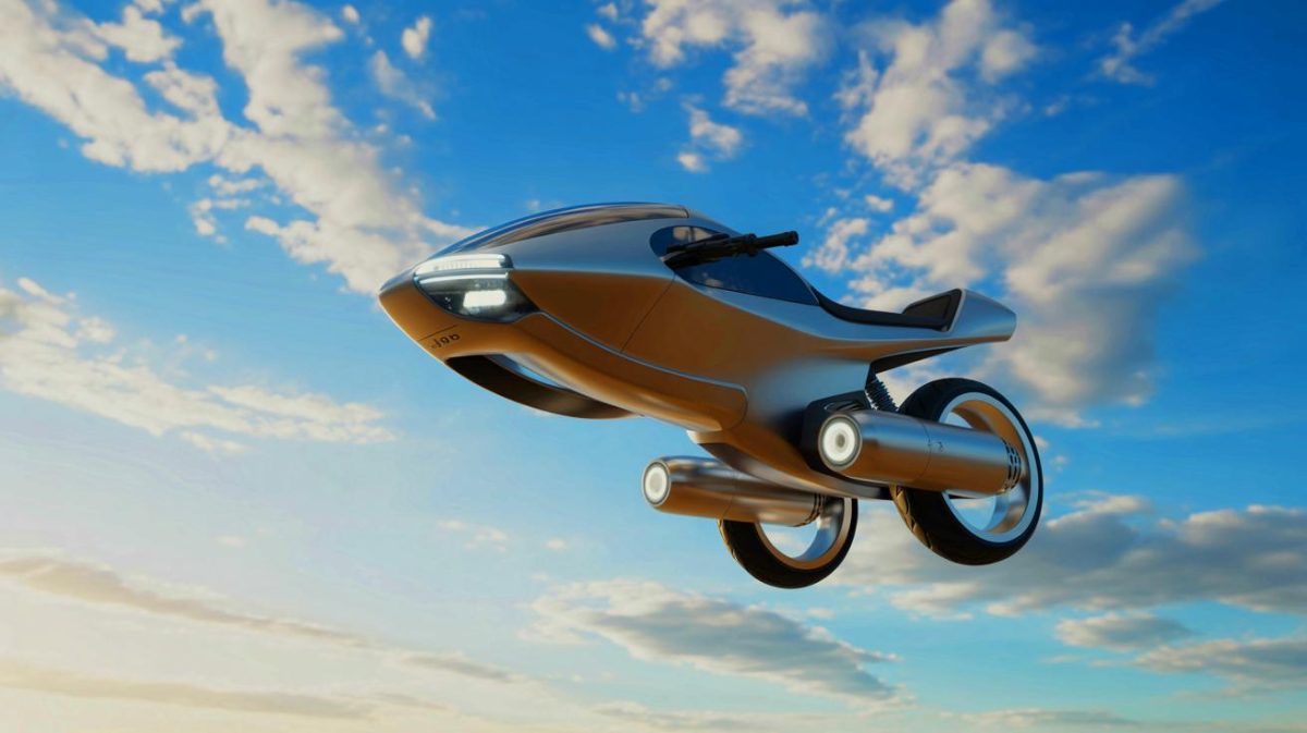 Illustration of a futuristic Airbike soaring through the sky at high speeds (AI-generated, unrealistic). Credit: Ideogram.
