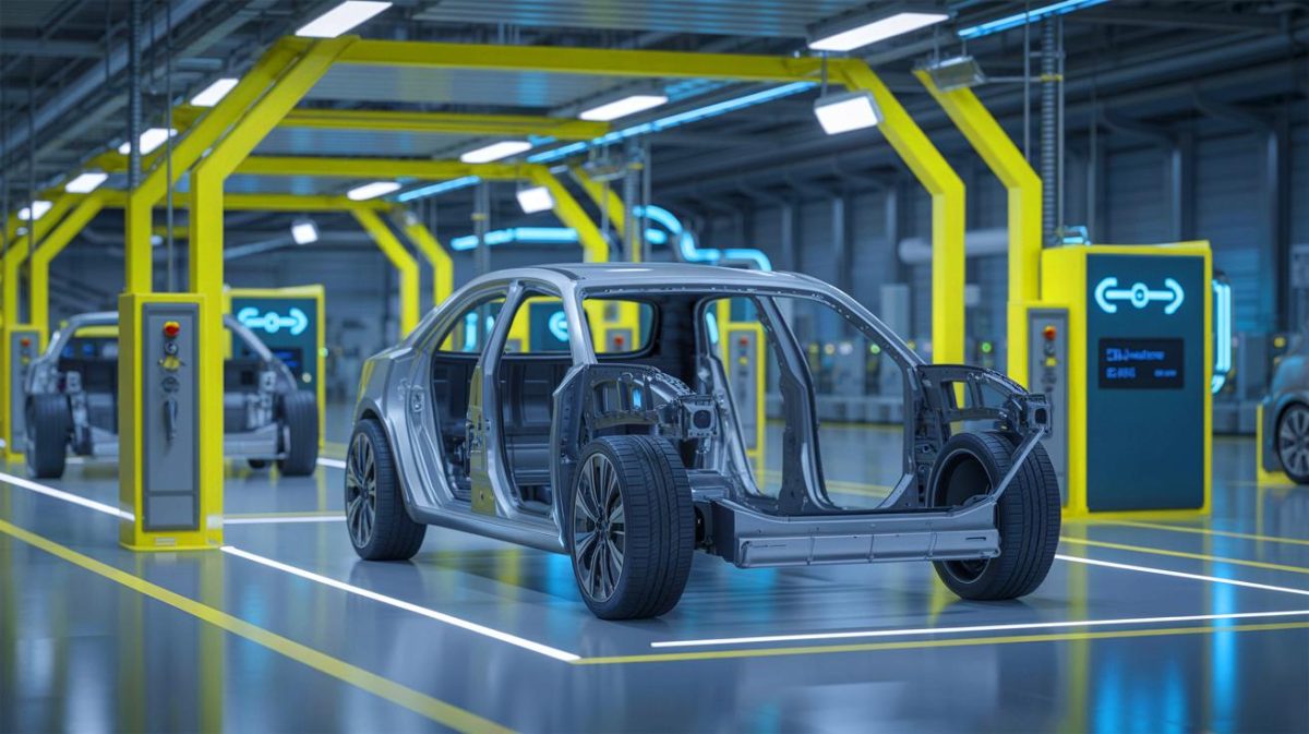 Illustration of electric vehicle components optimized for circular design practices. Image generated by AI.
