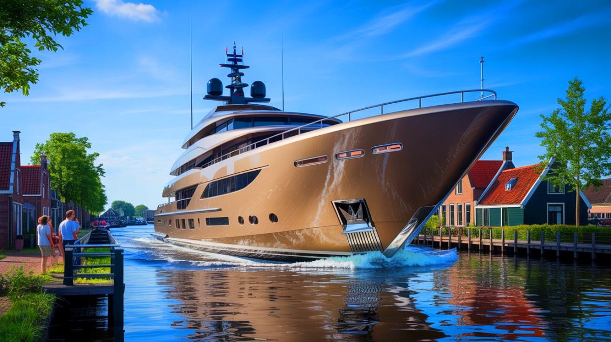 Illustration of a colossal luxury yacht navigating narrow Dutch canals. Image generated by AI.