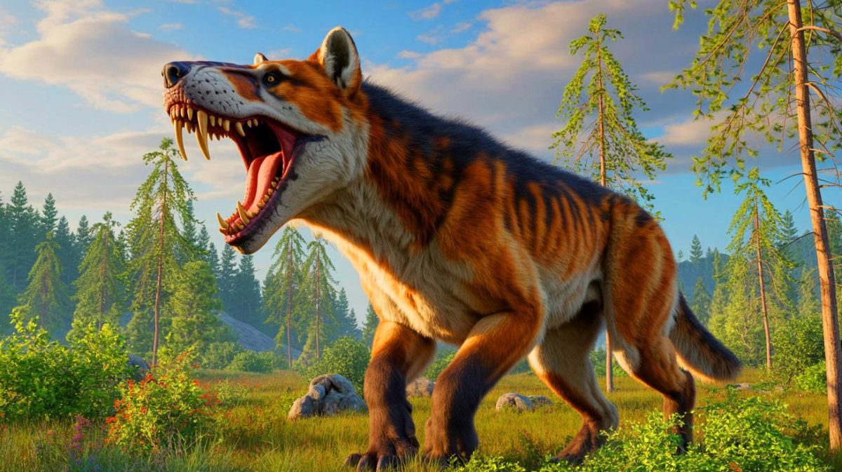 Illustration of the extinct Epicyon, the largest prehistoric canid, showcasing its formidable bone-crushing jaws (AI-generated, unrealistic). Credit: Ideogram.