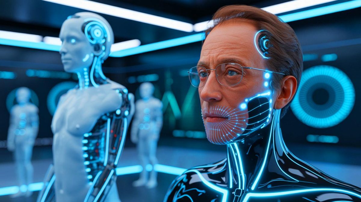 Illustration of Ray Kurzweil envisioning human immortality by 2030 through technological advancements (AI-generated, unrealistic). Credit: Ideogram.