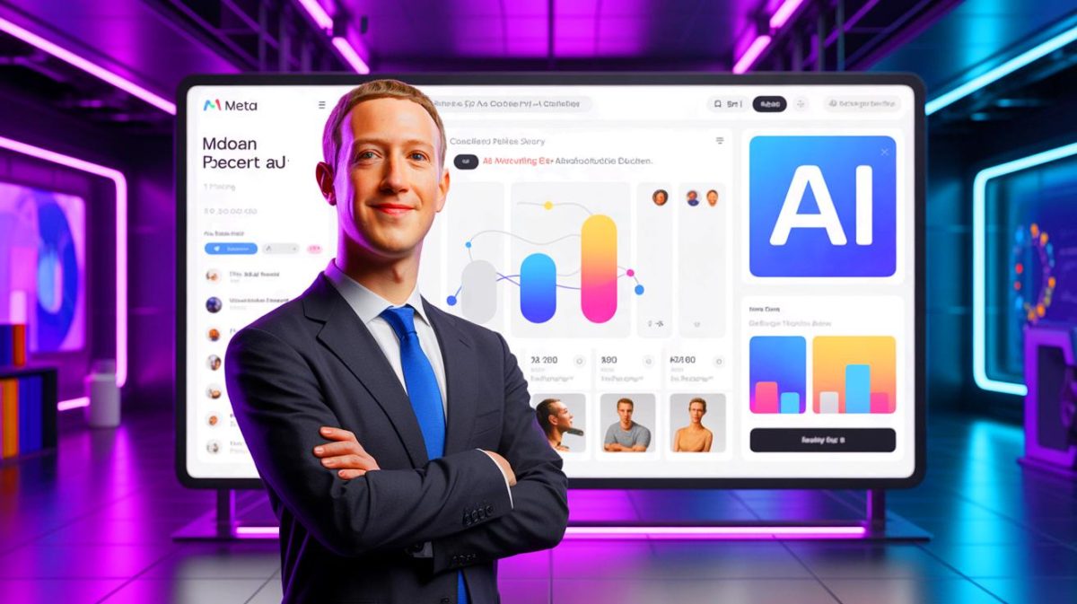 Illustration of Meta CEO Mark Zuckerberg unveiling the Meta AI app and its potential impact on the advertising industry (AI-generated, non-realistic illustration). Credit: Ideogram.