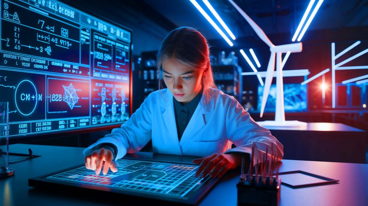 Illustration of Divya Tyagi solving a century-old math problem to optimize wind turbine efficiency (AI-generated, non-realistic illustration). Credit: Ideogram.