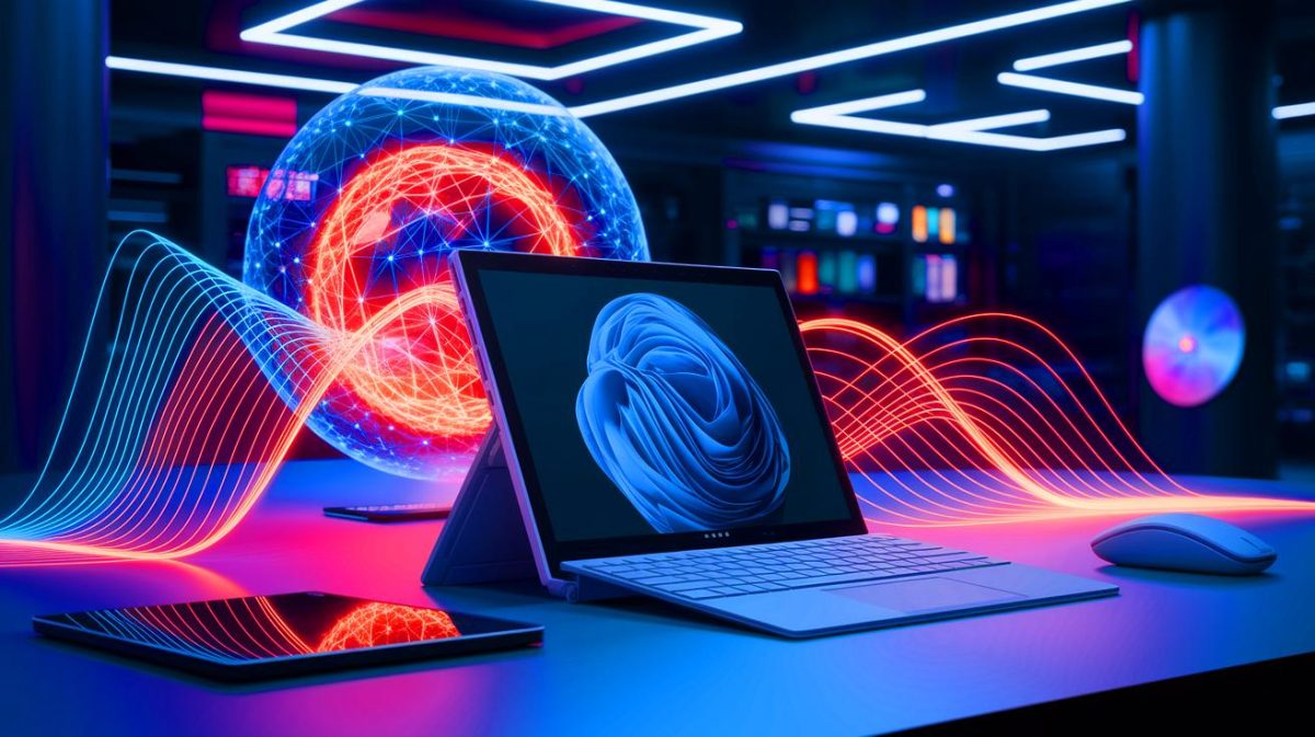 Illustration of Microsoft's Surface advertisement featuring generative AI elements (AI-generated, non-realistic illustration). Credit: Ideogram.