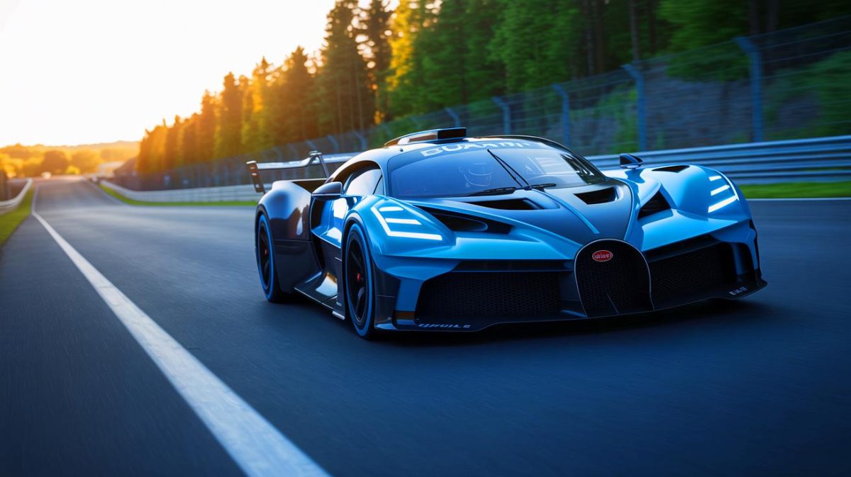 Illustration of the Bugatti Bolide hypercar showcasing its extraordinary speed and performance on the Nürburgring track (AI-generated, unrealistic). Credit: Ideogram.