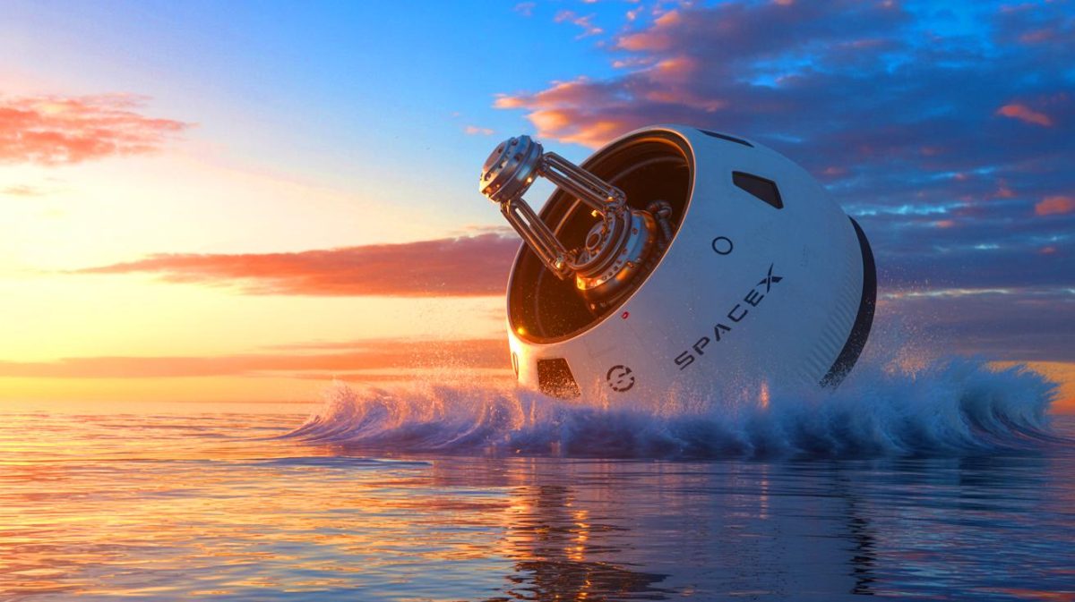 Illustration of SpaceX Dragon capsule returning to Earth with futuristic gear. Image generated by AI.
