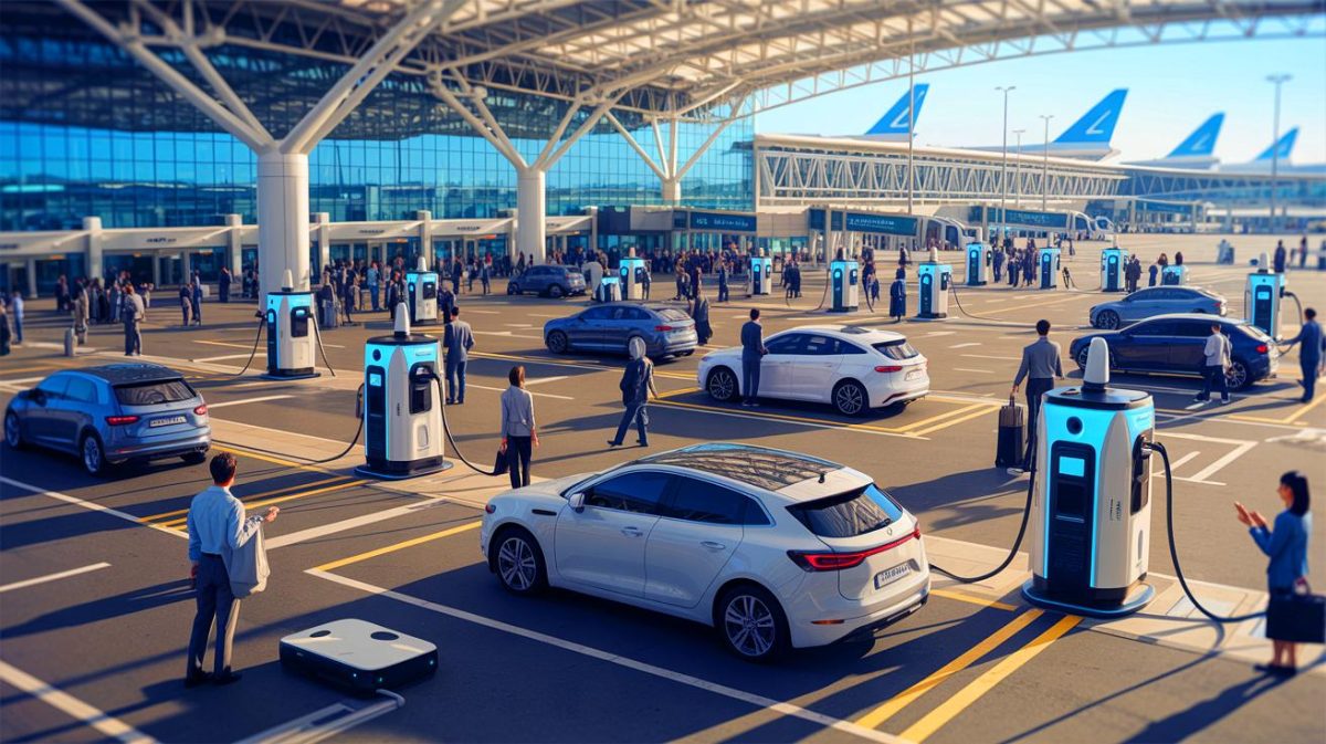 Illustration of AI-powered charging robots at Incheon International Airport. Image generated by AI.