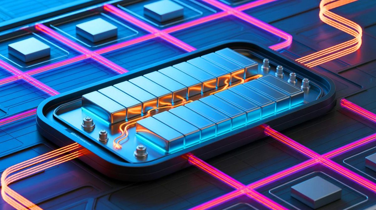 Illustration of the enhanced energy capacity of electric vehicle batteries using interlocked electrodes. Image generated by AI.