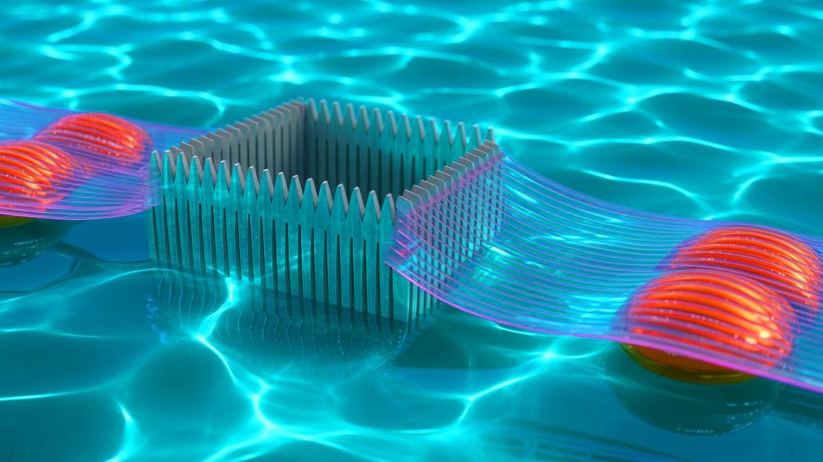 Illustration of sound-based manipulation of underwater objects using a metamaterial. Image generated by AI.