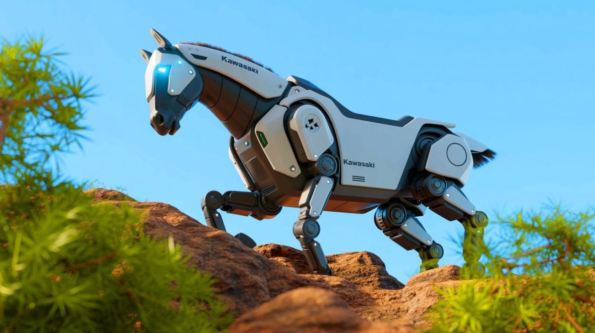 Illustration of the Kawasaki Corleo, a hydrogen-powered robotic horse designed for sustainable transportation. Image generated by AI.