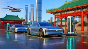 Illustration of China's advancements in solid-state battery technology for electric vehicles and air taxis. Image generated by AI.