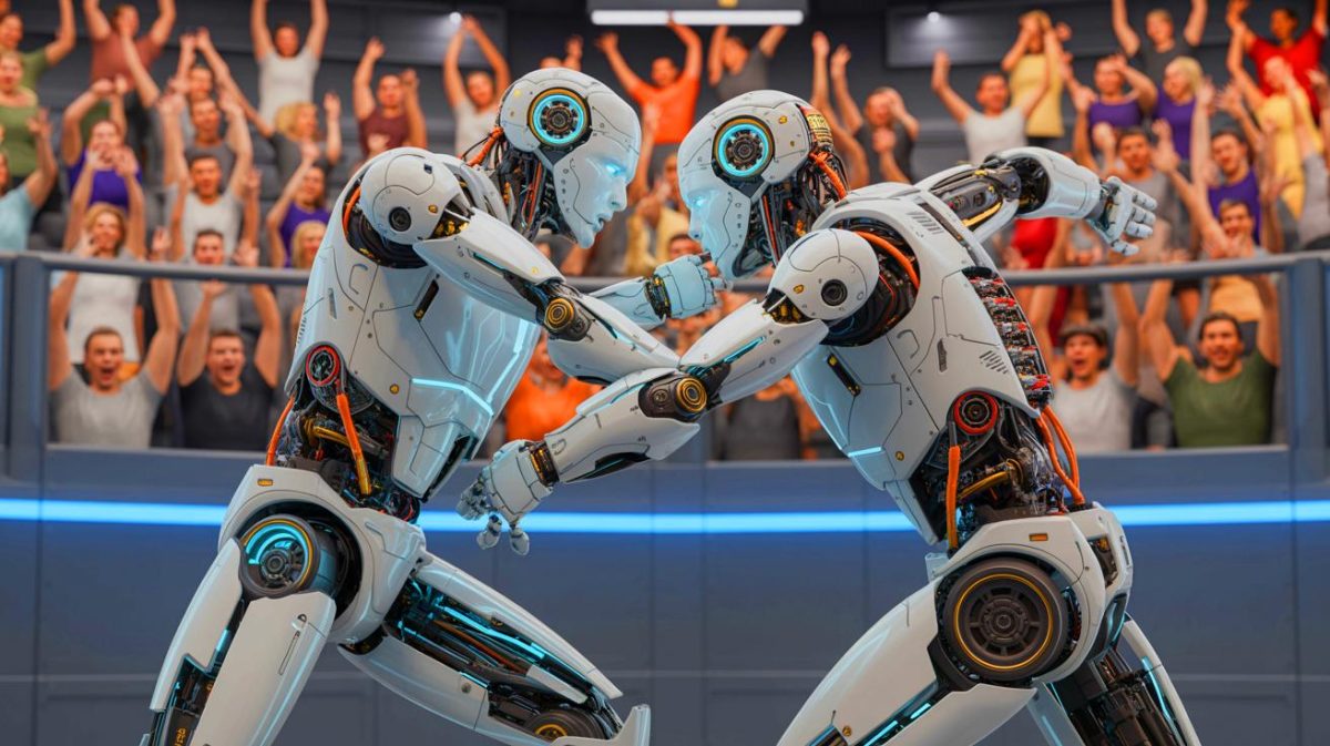 Illustration of humanoid robots demonstrating combat skills ahead of the world’s first robot boxing match. Image generated by AI.