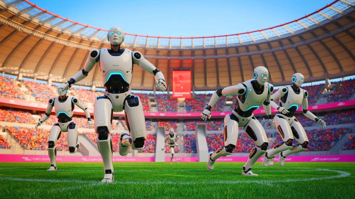 Illustration of humanoid robots competing in sports events in Beijing (AI-generated, unrealistic). Credit: Ideogram.