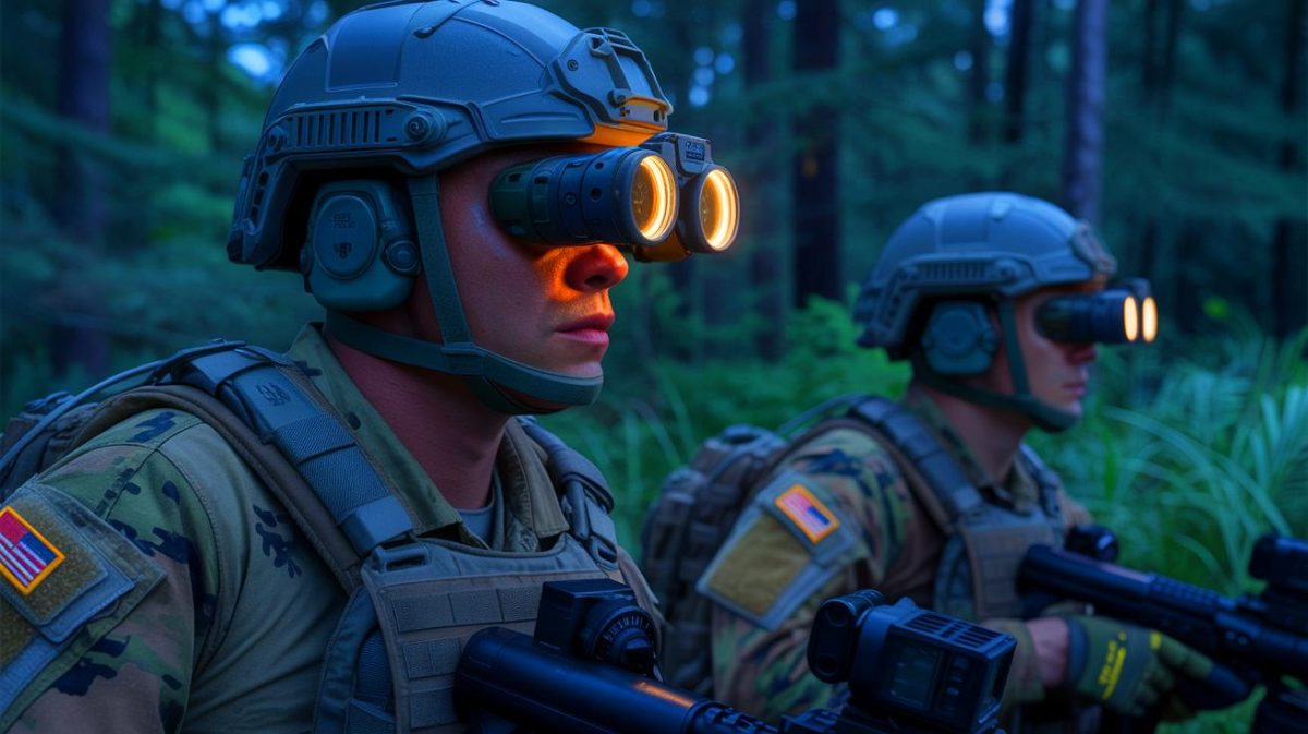 Illustration of US Marines using advanced night vision goggles in low-light conditions. Image generated by AI.