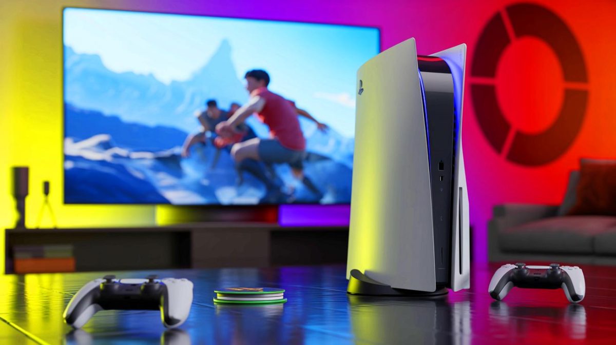 Illustration of Sony's potential reintroduction of a built-in disc drive for the PlayStation 6. Image generated by AI.