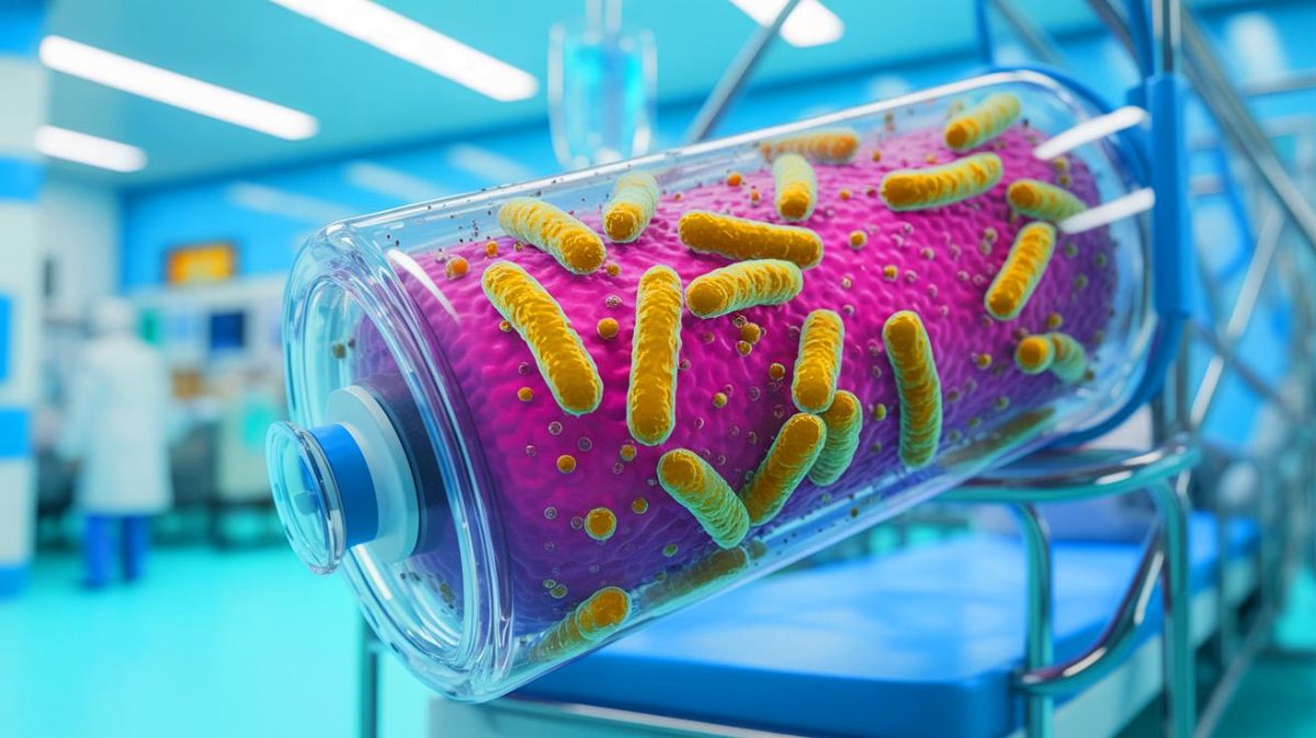 Illustration of a bacterium degrading medical-grade plastic in a hospital setting. Image generated by AI.