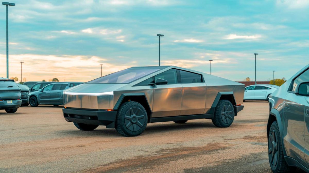 Illustration of a Tesla Cybertruck sitting idle in a parking lot (AI-generated, unrealistic). Credit: Ideogram.