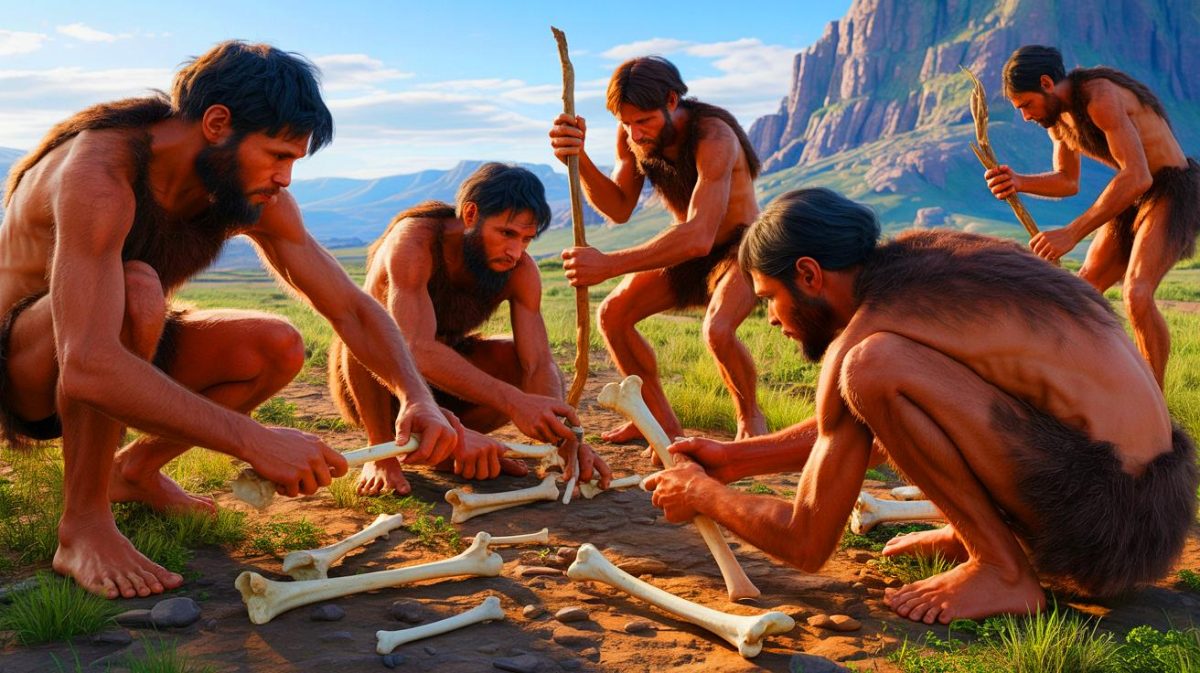 Illustration of early humans crafting bone tools 1.5 million years ago (AI-generated, unrealistic). Credit: Ideogram.