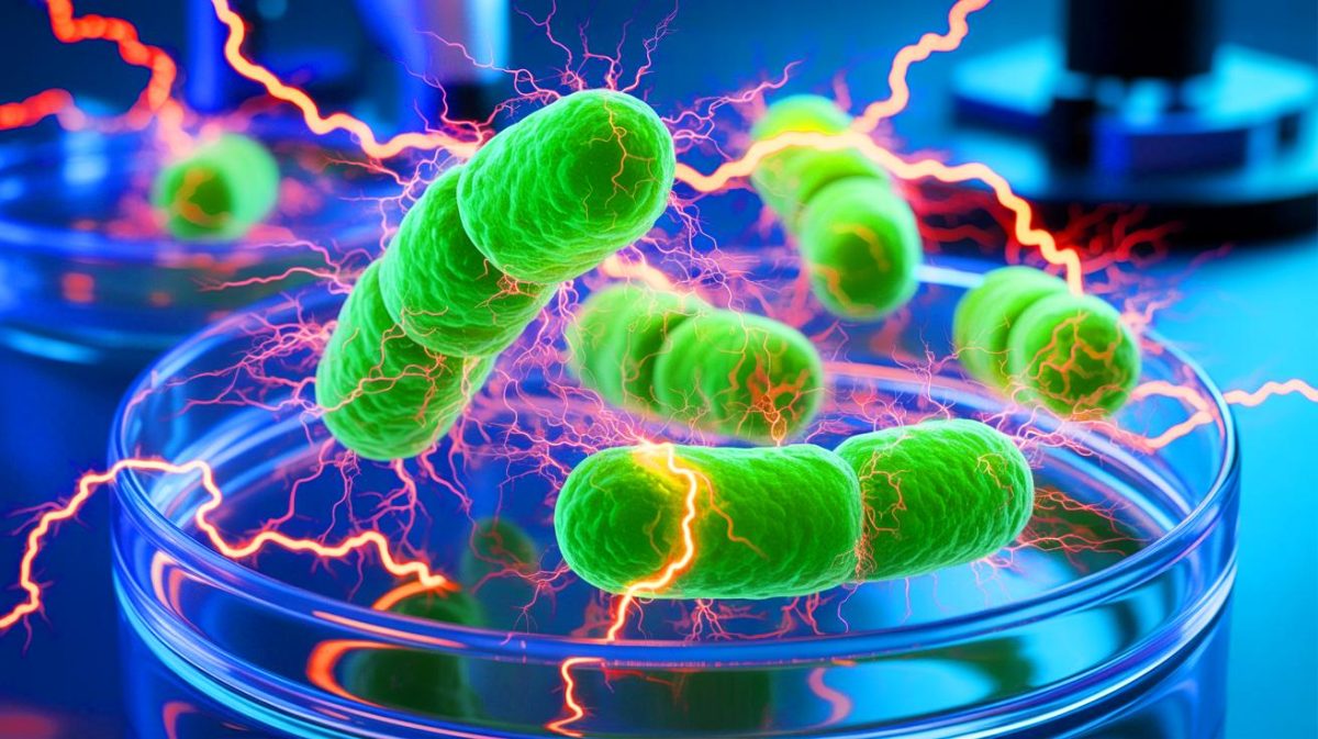 Illustration of bacteria generating electricity as a symbol of biobattery (AI-generated, non-realistic illustration). Credit: Ideogram.