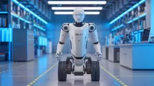 Illustration of the RB-Y1 humanoid robot showcasing its advanced mobility and control systems. Image generated by AI.