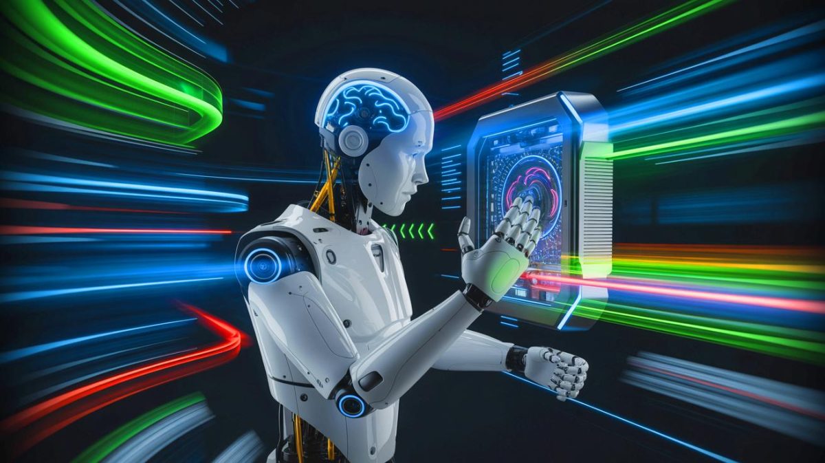 Illustration of a neuromorphic device mimicking human brain functions for real-time vision processing. Image generated by AI.