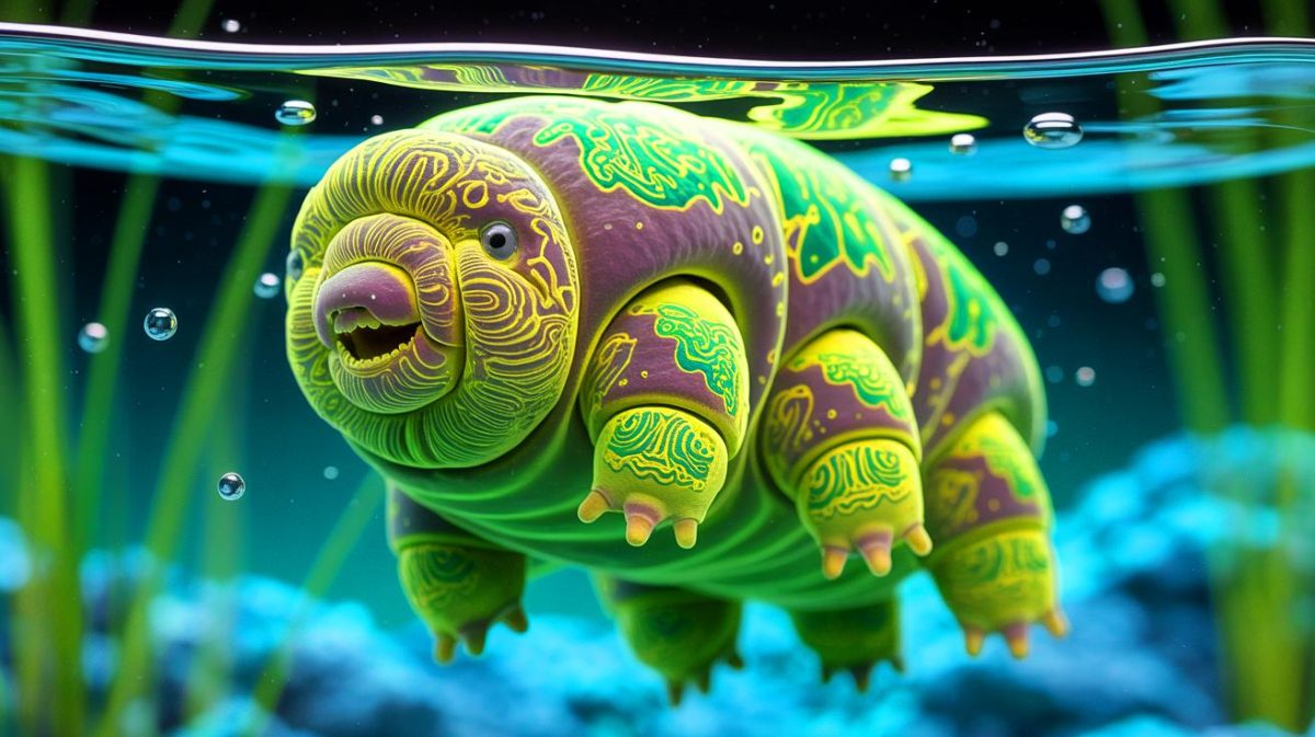 Illustration of tattooed tardigrades demonstrating living electronics (AI-generated, unrealistic). Credit: Ideogram.