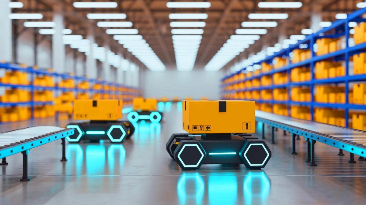 Illustration of hexagon wheel robots handling boxes in a warehouse with GPS precision (AI-generated, unrealistic). Credit: Ideogram.