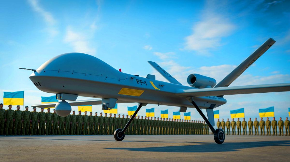 Illustration of the FP-1 long-range drone being unveiled during Ukraine's Infantry Day celebrations (AI-generated, unrealistic). Credit: Ideogram.
