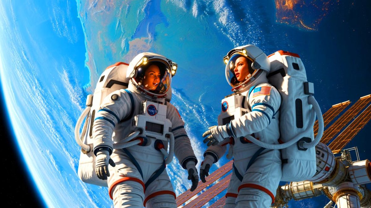 Illustration of NASA astronauts conducting an all-female spacewalk outside the International Space Station (AI-generated, non-realistic illustration). Credit: Ideogram.