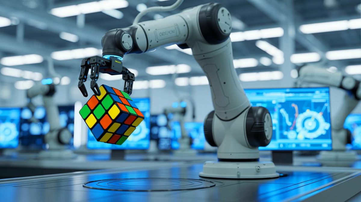 Illustration of a high-speed robotic system solving a Rubik's Cube in record time. Image generated by AI.