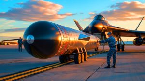 Illustration of the B61-13 nuclear bomb being deployed by a strategic bomber. Image generated by AI.