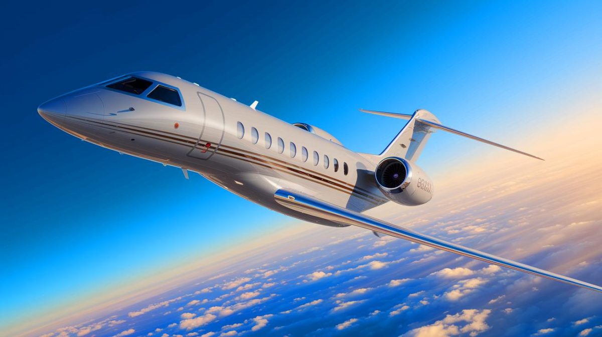 Illustration of the Bombardier Global 8000 jet soaring through the skies at near-supersonic speeds (AI-generated, non-realistic illustration). Credit: Ideogram.