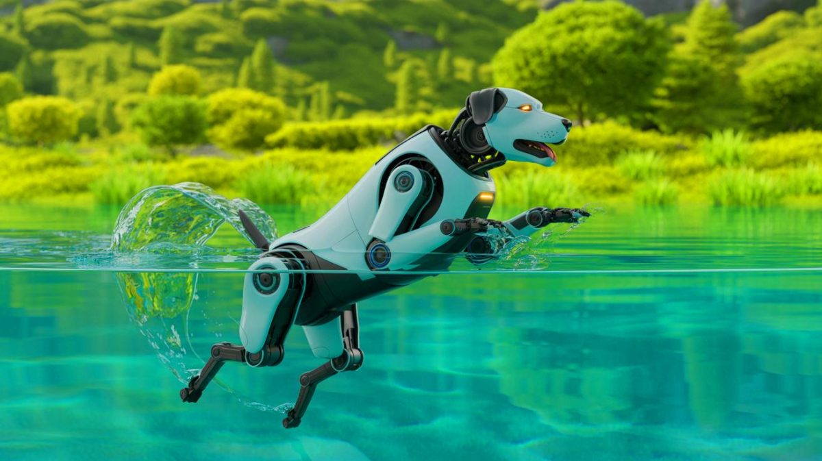 Illustration of the Amphibious Robotic Dog inspired by natural dog movements (AI-generated, unrealistic). Credit: Ideogram.