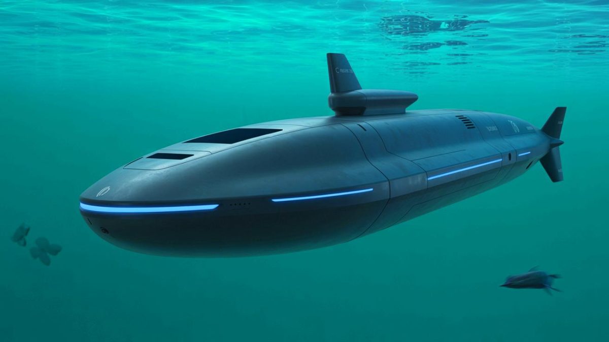 Illustration of the BlueWhale System, an advanced autonomous underwater vehicle designed for naval warfare, equipped with sophisticated sensors (AI-generated, unrealistic). Credit: Ideogram.