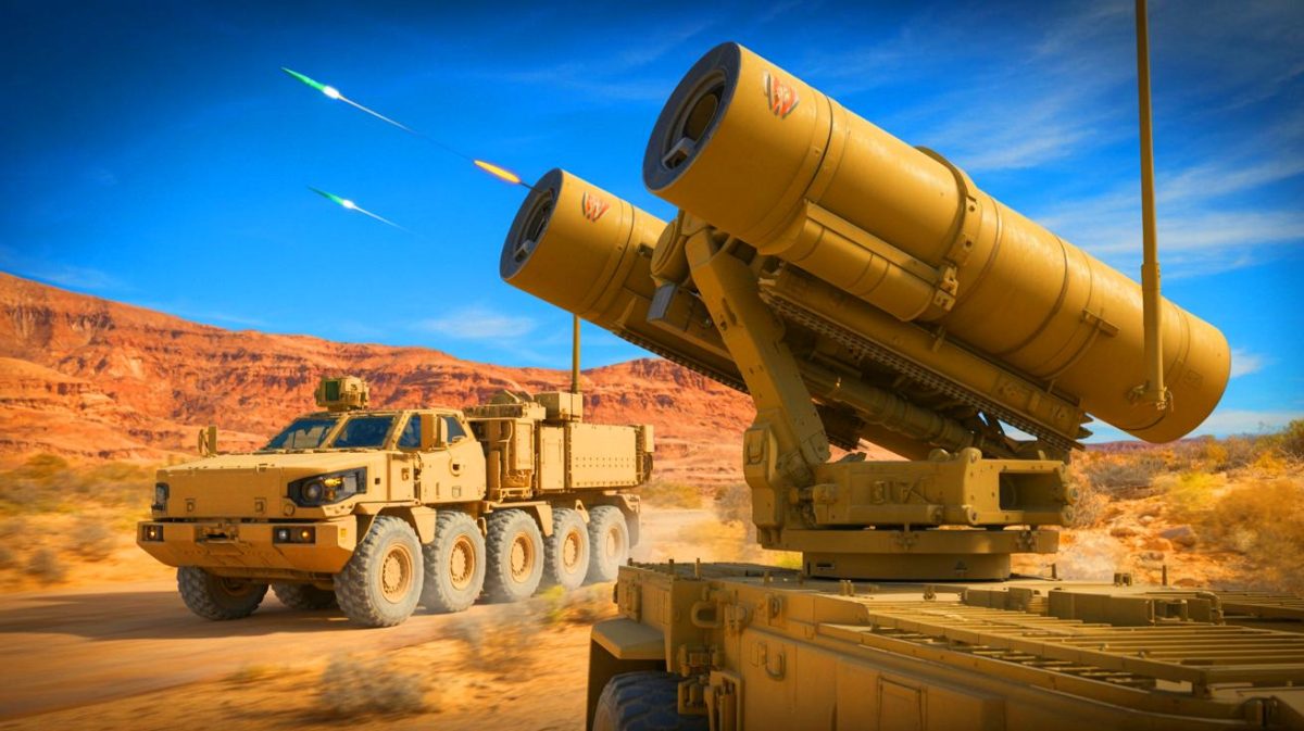 Illustration of the XM204 Top Attack Munition system disrupting hostile armored formations (AI-generated, unrealistic). Credit: Ideogram.